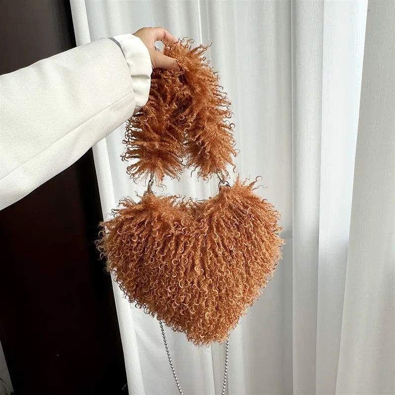 Kawaii Heart-Shaped Faux Fur Tote 🌈💕 | Adorable Oversized Handbag for Fashionable Women 👜✨