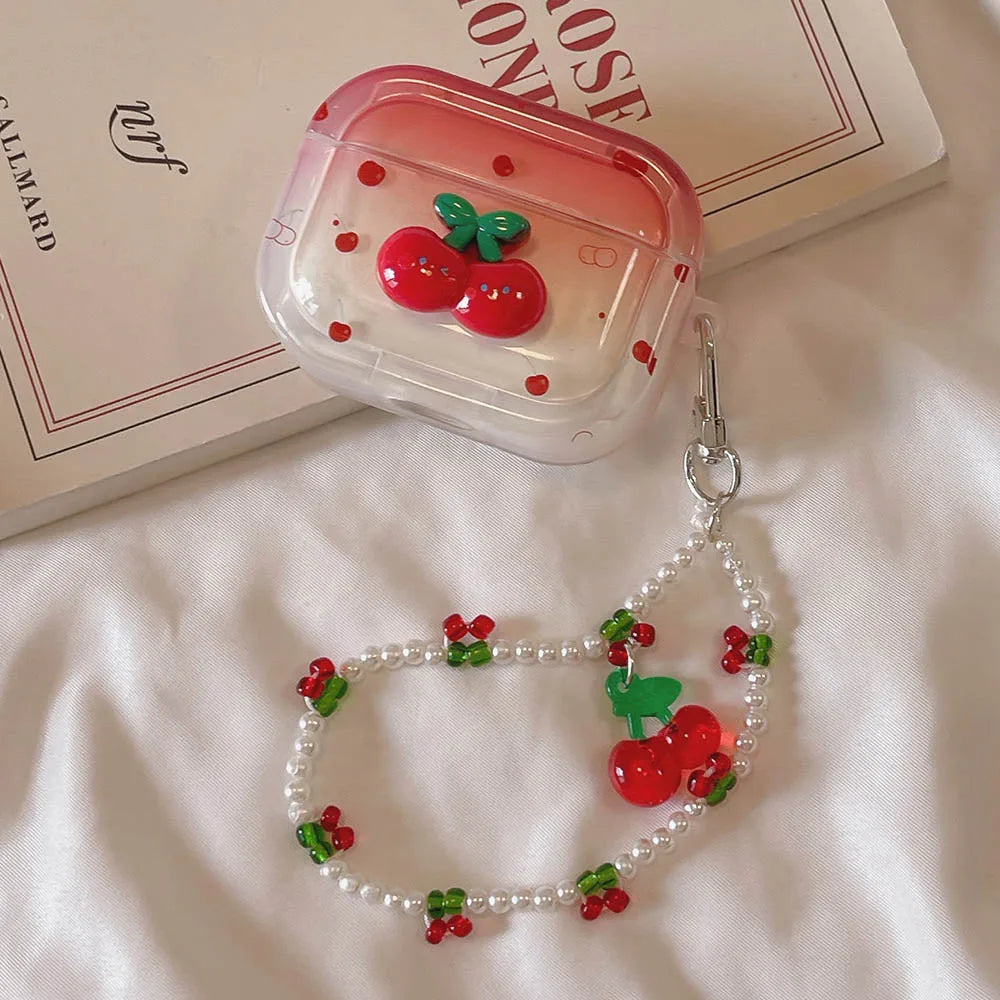 🍒 Adorable 3D Cherry TPU AirPods Case with Pearl Bracelet ✨💕 - Pixie Quill