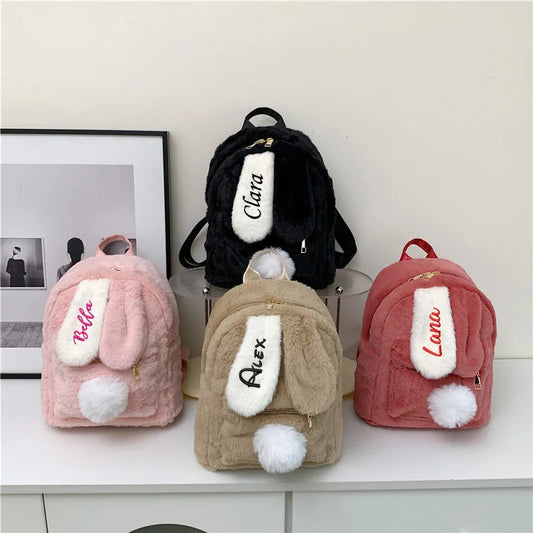 Kawaii Personalized Plush Backpack 🐰✨ - Adorable Rabbit Ears for Women | Cozy Winter Style | Custom Embroidery Available! 👜💖