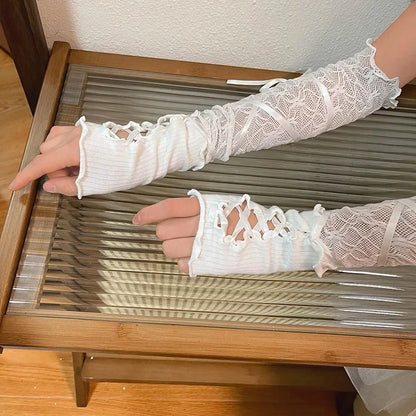 Gothic Lolita Lace Fingerless Gloves Black Mesh Sleeve Accessory Punk Style 🖤