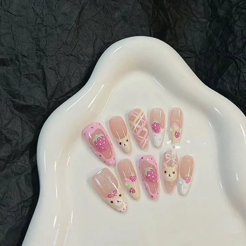 Kawaii Pink Strawberry Bear Almond Press-On Nails 🍓🐻 | 10Pcs Cute Acrylic Full Cover Tips for Summer 🌸✨