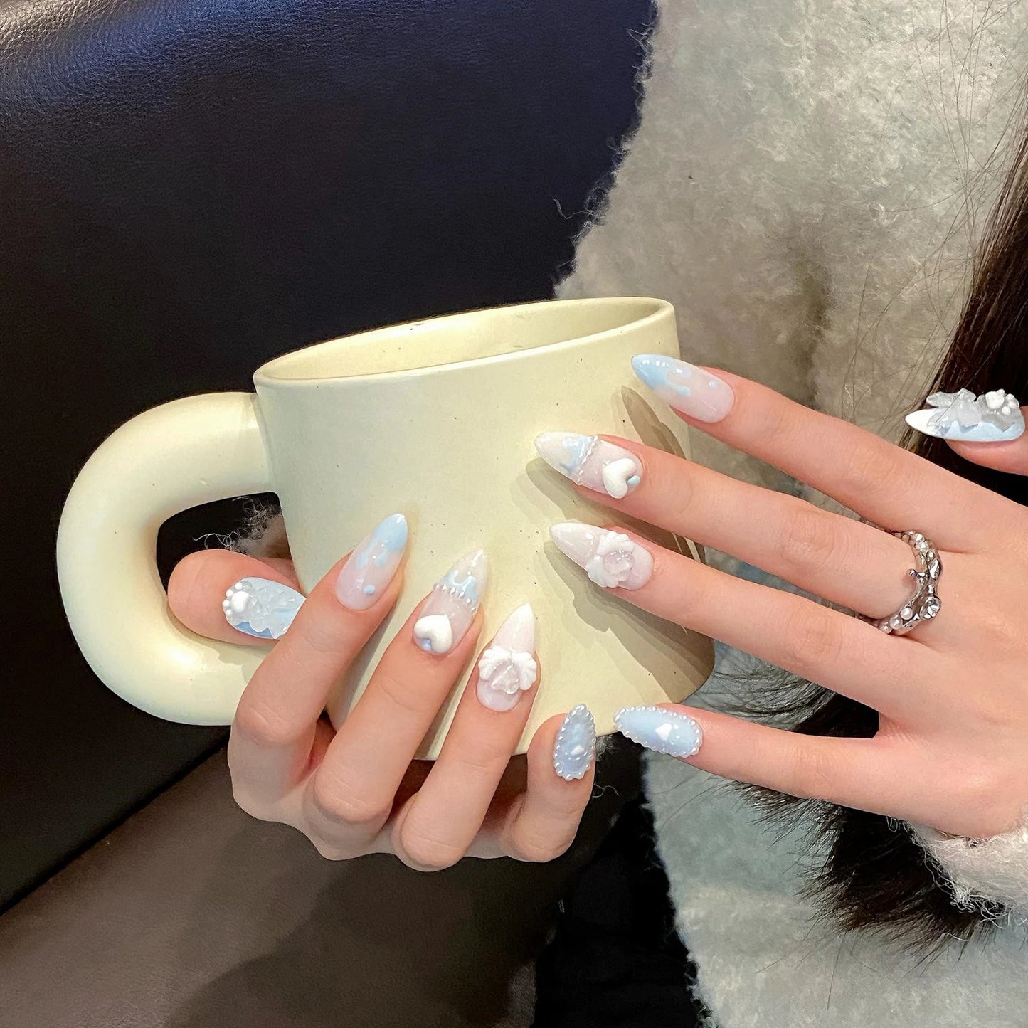 Kawaii Light Blue Bear & Cat Press-On Nails 🐾✨ | Cute Almond Shaped Fake Nails with French Pearls 💖 | Perfect for Parties & DIY Manicures!