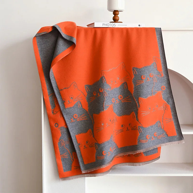 Cat Print Jacquard Scarf For Women Warm Winter Shawl 175cm Long 🐾