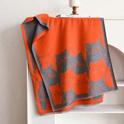 Cat Print Jacquard Scarf For Women Warm Winter Shawl 175cm Long 🐾