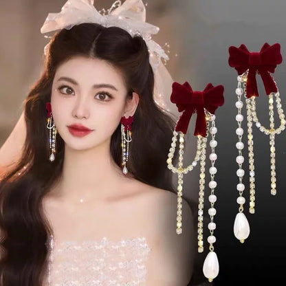 Charming Wine Red Bow Pearl Tassel Earrings 🎀🌟 | Kawaii 2024 Bridal Jewelry ✨