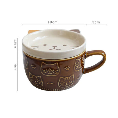 Kawaii Cat Coffee Mug ☕️🐱 - Cute Ceramic Cup with Lid for Breakfast & Milk! 🌸💕