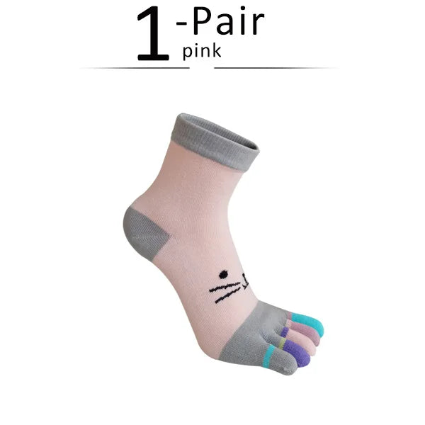 Kawaii Cat Cartoon Five Finger Socks 🐾🎨 | Soft & Colorful Women's Toe Socks for All Seasons 🌈✨