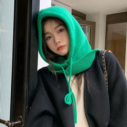 Knit Hooded Balaclava Beanie For Women Warm Winter Korean Style Drawstring 🐰