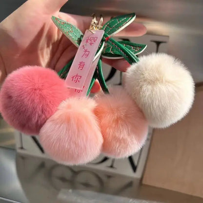 Fluffy Rex Rabbit Fur Ball Pompom Leaf Keychain Cherry Charm 🐰🍒✨