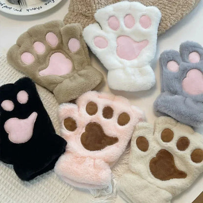 Fluffy Cat Paw Gloves Plush Mittens For Women Warm Half Finger Cozy Bear 🐱🐻