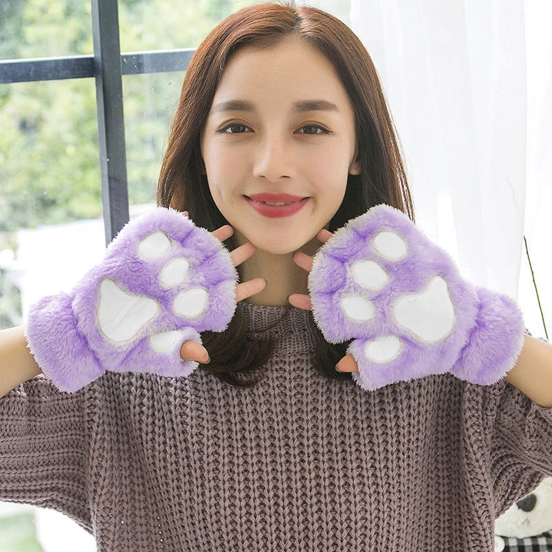 Kawaii Cat Paw Half Finger Gloves 🐾❄️ Cozy & Cute Fluffy Design!