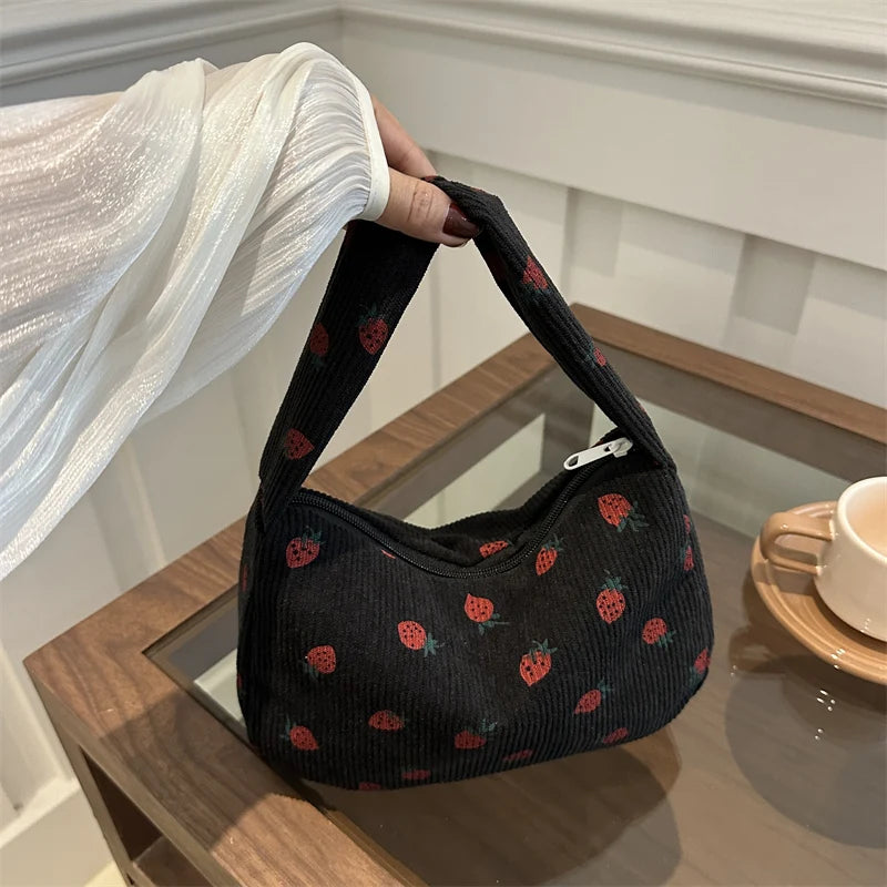 Strawberry Printed Shoulder Bag Corduroy Crossbody Bag Large Capacity Women Tote Bag Aesthetic Commuting Satchel Handbags Bolsas - Pixie Quill