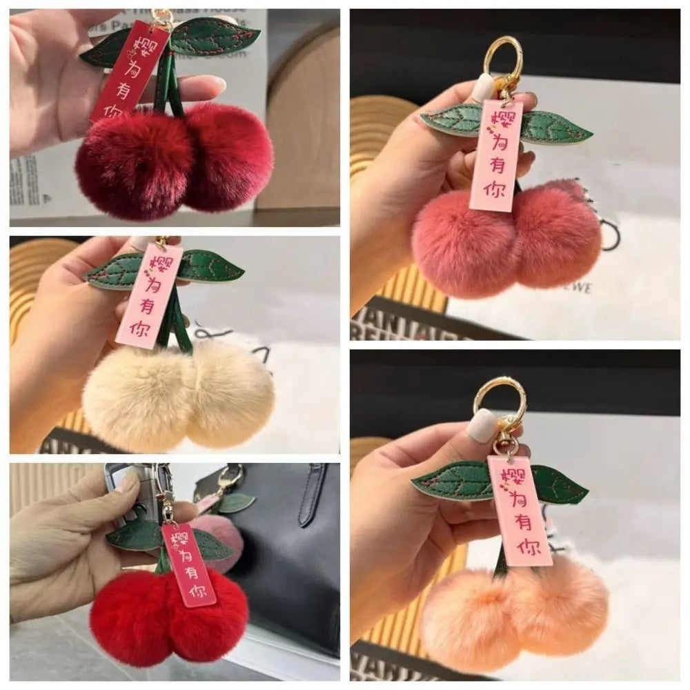 Cute Cherry Fluffy Rabbit Fur Ball Keychain 🍒✨ Kawaii Pompom Accessory for Bags & Keys! 🐇💕