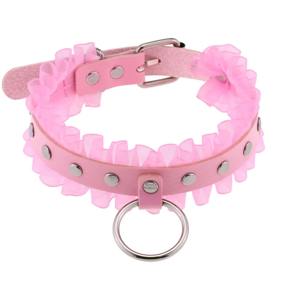 Pink Lace Leather Choker With Heart Pendant, Punk Gothic Style ✨💗