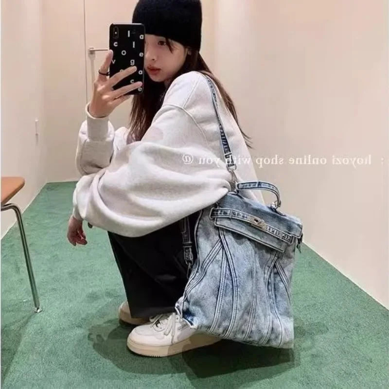 Kawaii Denim Dream Backpack 🎒✨ | Cute Retro Style Bag for Girls | Perfect for College & Everyday Fun! 🌼💖