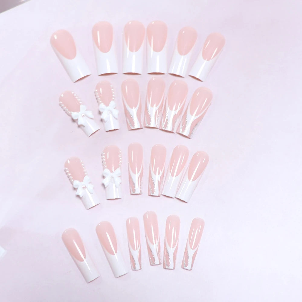 Kawaii 24pcs Bowknot Coffin Press-On Nails 🎀✨ Sweet French Tips with White Pearls for Summer Parties 🌸💅