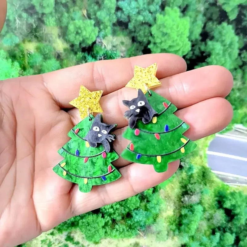 Cute Christmas Tree Dangle Earrings With Star Cat Design 🎄⭐🐱 Acrylic