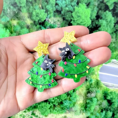 Cute Christmas Tree Dangle Earrings With Star Cat Design 🎄⭐🐱 Acrylic