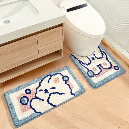 Kawaii Rabbit Bath Mat Set 🐰✨ - Adorable 2-piece & 3-piece Thick Flocking Rugs for Bathroom, Bedroom & Kitchen! 🛁💖