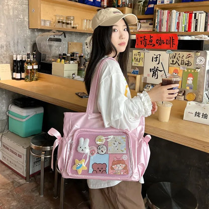 Kawaii Ribbon Bow Tote Bag 🌸✨ Sweet Forest Style | Large Capacity Double-Sided Handbag for Students 🎒💖