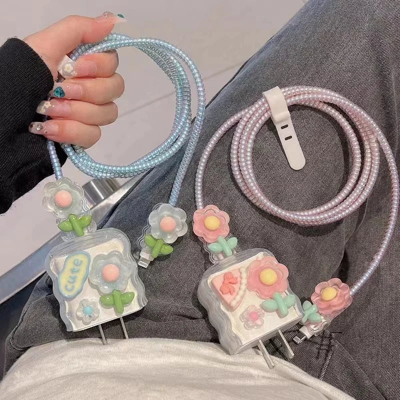 🌷 Kawaii Tulip Wave Edge Charger Cover Set for iPhone 12-15 | Fast Charging Fun! ⚡️✨