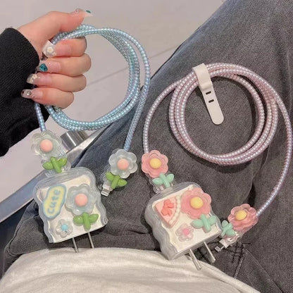 🌷 Kawaii Tulip Wave Edge Charger Cover Set for iPhone 12-15 | Fast Charging Fun! ⚡️✨