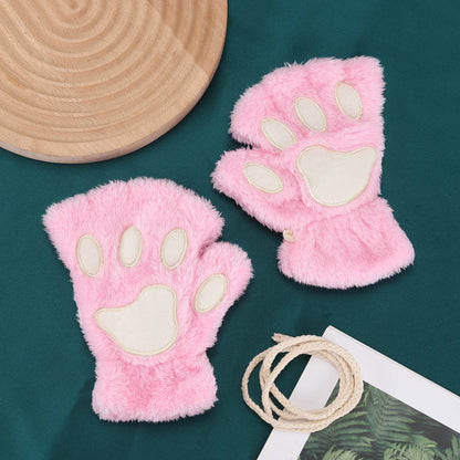 Fluffy Cat Paw Gloves Plush Mittens For Women Warm Half Finger Cozy Bear 🐱🐻