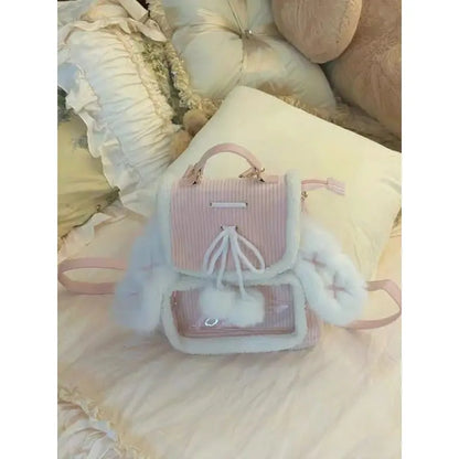 Kawaii Pink Bunny Ear Backpack 🐰✨ Cute Corduroy Ita Bag for Women – Adorable Plush Aesthetic! 🌸🎒