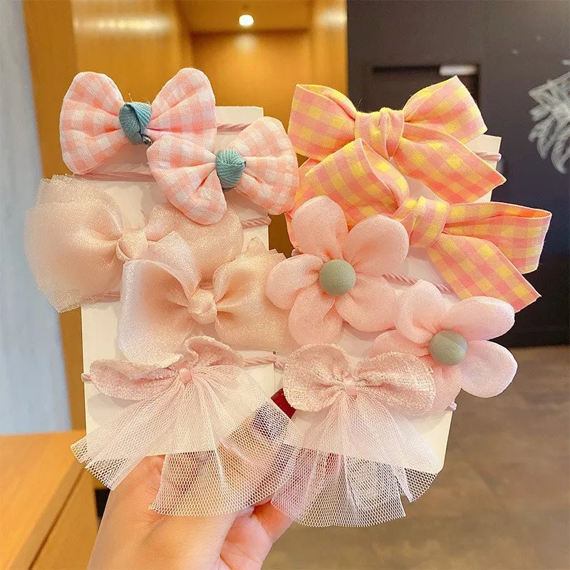 Kawaii 10-Piece Floral Bow Hairbands 🌸✨ | Adorable Elastic Hair Ties for Girls 🎀💕 | Stylish Kids' Headwear Accessories