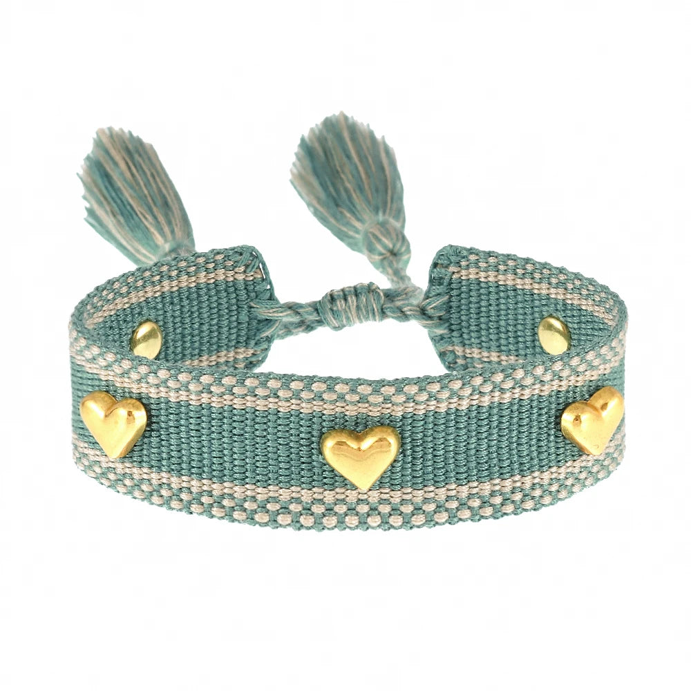 Kawaii Heart Studded Woven Bracelet 🌈✨ | Vintage Tassel Charm for Trendy Arm Stacking 💖