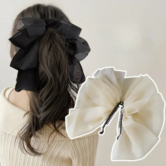 Charming Chiffon Bow Banana Clip 🎀✨ for High Ponytails – Vintage Style Hair Accessory 🐒🌸 - Pixie Quill