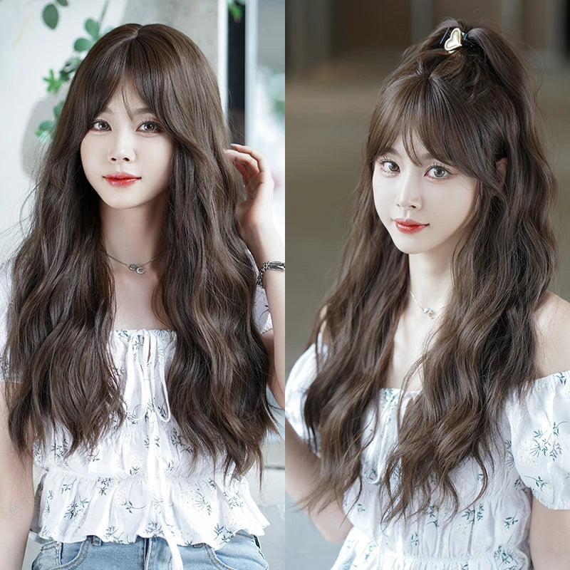Kawaii Dreamy Sakura Pink Wavy Wig 🌸✨ | High-Density Curly Hair with Bangs for Sweet Girls 💖🎀