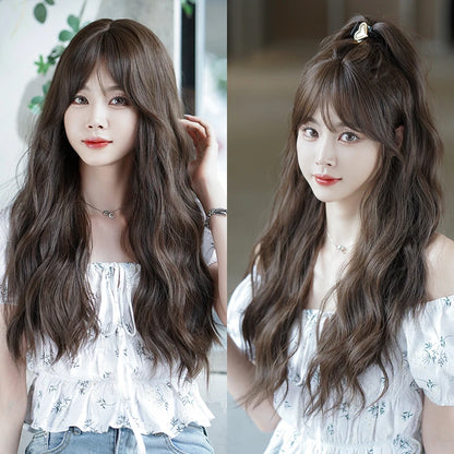 Kawaii Dreamy Sakura Pink Wavy Wig 🌸✨ | High-Density Curly Hair with Bangs for Sweet Girls 💖🎀
