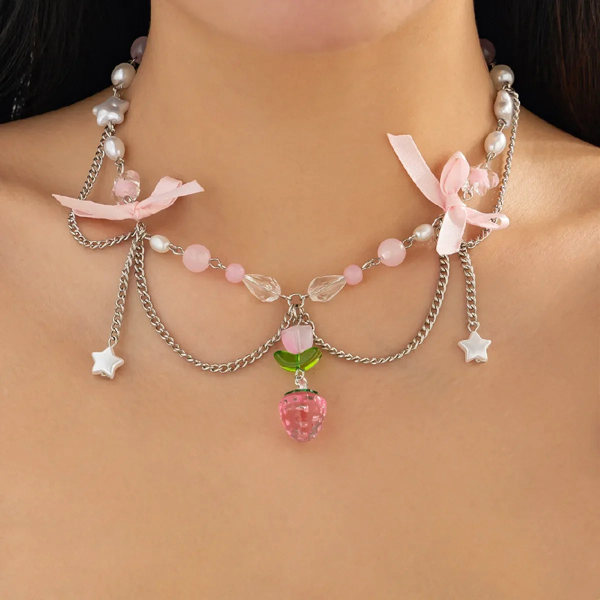 Kawaii Strawberry Pearl Choker 🍓✨ | Sweet Aesthetic Necklace for Women 🌸💕