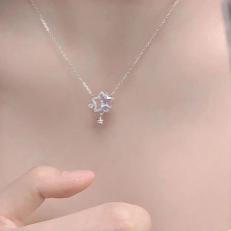 ✨ Kawaii Starry Zircon Pendant Necklace 🌟 | Cute Beaded Chain for Y2K Girls | Trendy Hip Hop Aesthetic Jewelry 🎀 | Perfect Gift for Moms & Besties! 💖