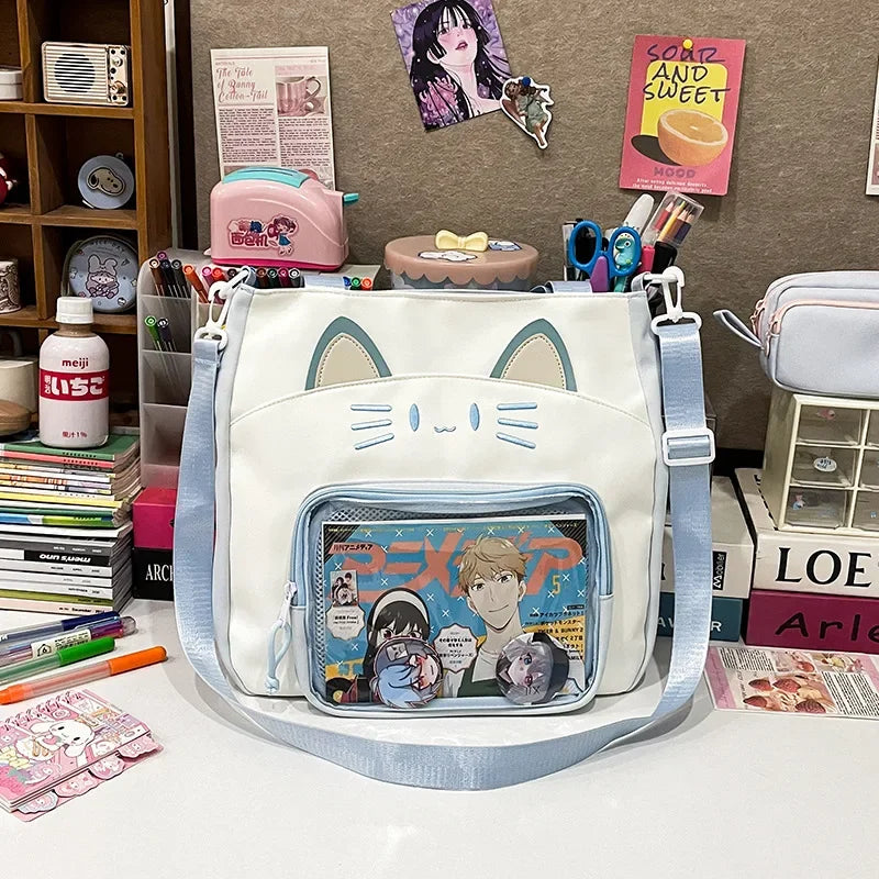 Kawaii Cat Love 💖✨ Large Nylon Ita Shoulder Bag - Versatile Crossbody Handbag with Transparent DIY Pocket 🐾🌈