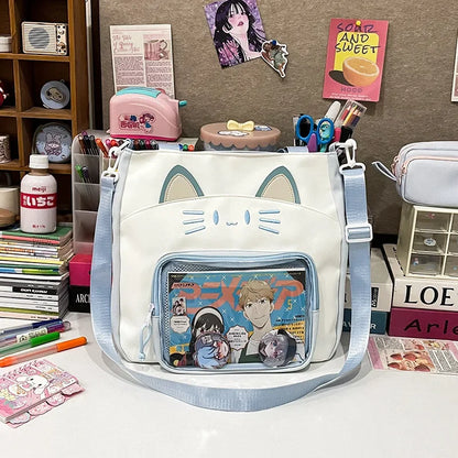 Kawaii Cat Love 💖✨ Large Nylon Ita Shoulder Bag - Versatile Crossbody Handbag with Transparent DIY Pocket 🐾🌈