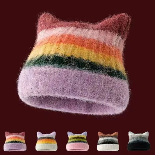 Kawaii Cat Ear Winter Beanie 🐾✨ Cozy Rainbow Knit for Women