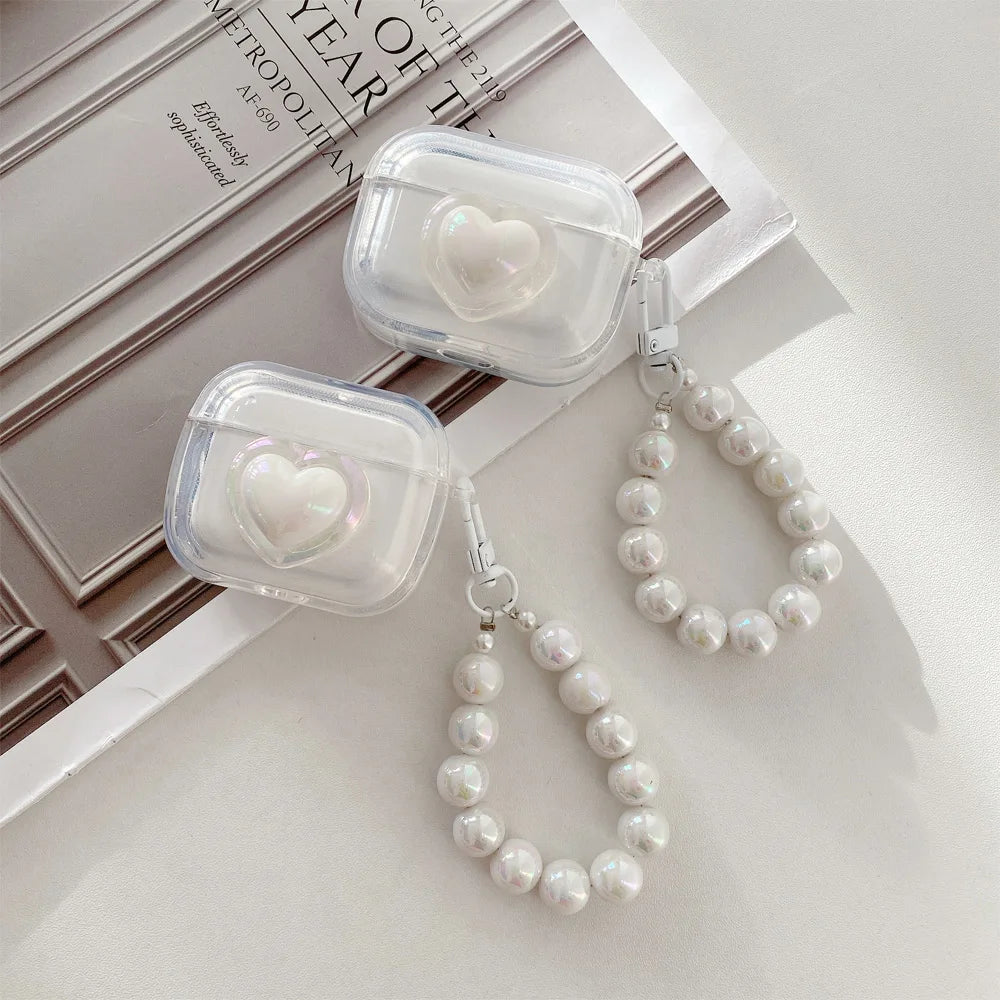 💕 Adorable Heart Case for AirPods 🎧✨ with Charming Pearl Keychain 🌟 - Pixie Quill