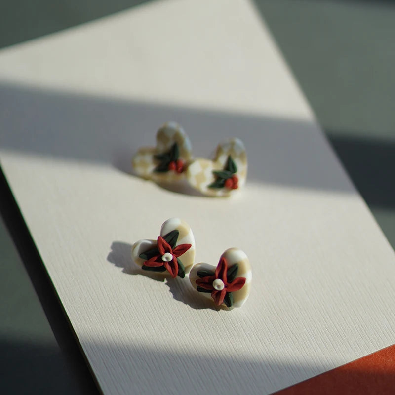 Handmade Floral Wreath Polymer Clay Pattern Earrings Set Multi Color Christmas Dangle Jewelry 🎄🌸✨
