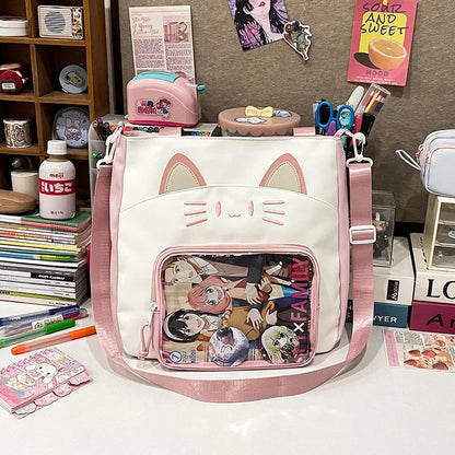 Kawaii Cat Love 💖✨ Large Nylon Ita Shoulder Bag - Versatile Crossbody Handbag with Transparent DIY Pocket 🐾🌈