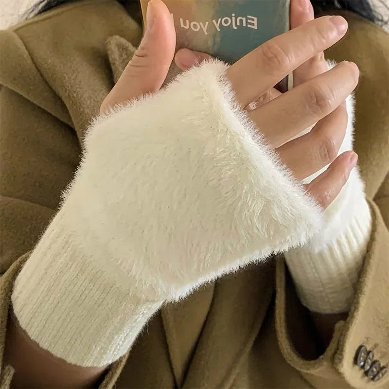 Cozy Plush Knit Fingerless Gloves For Women Warm White Wrist Mittens ❄️