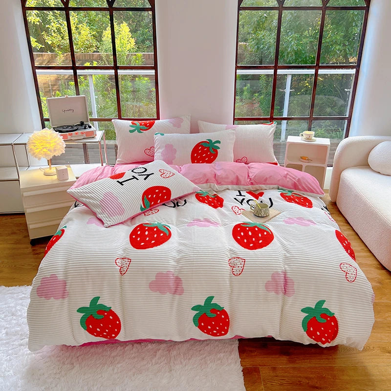 Kawaii Strawberry Dreams Duvet Set 🍓✨ Fluffy Reversible Bedding & Pillowcases! 🌈💤