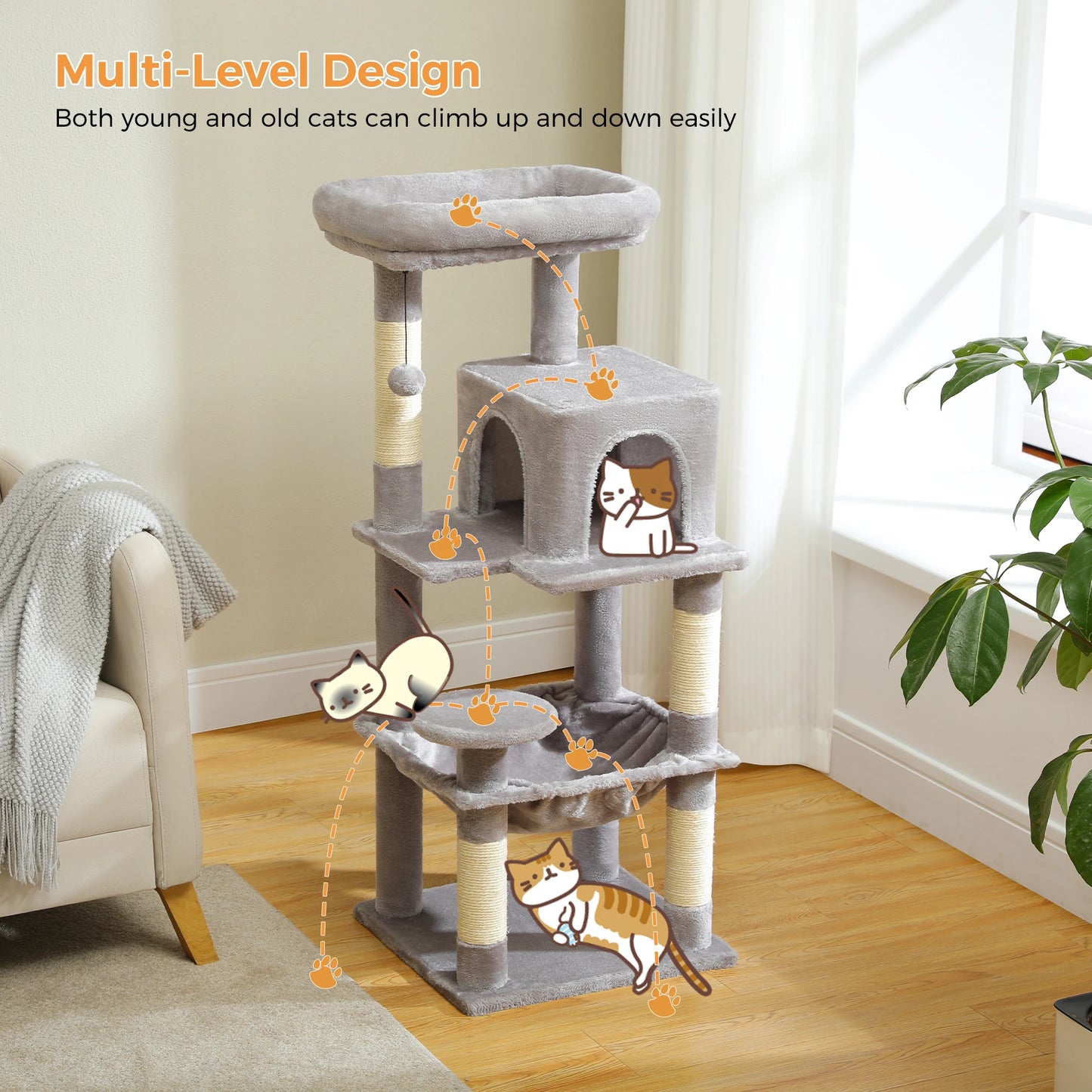 Five Level Cat Tree For Indoor Cats With Metal Frame And Cozy Big Top Perch, Adorable Hammock Condo 😺🐾