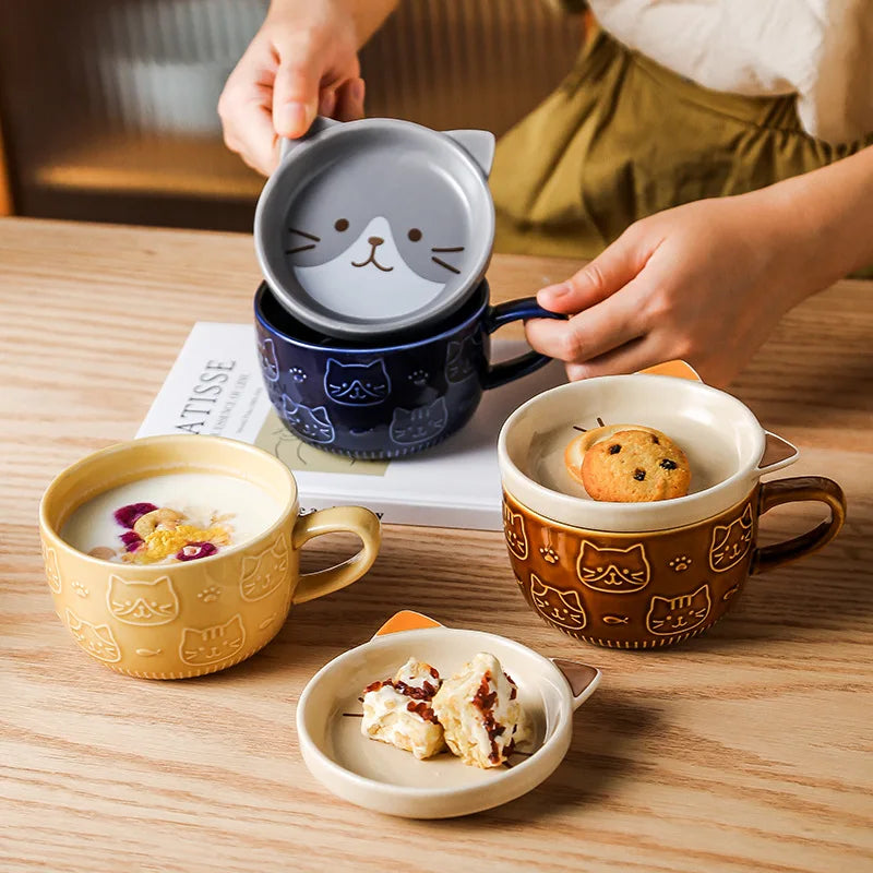 Kawaii Cat Coffee Mug ☕️🐱 - Cute Ceramic Cup with Lid for Breakfast & Milk! 🌸💕