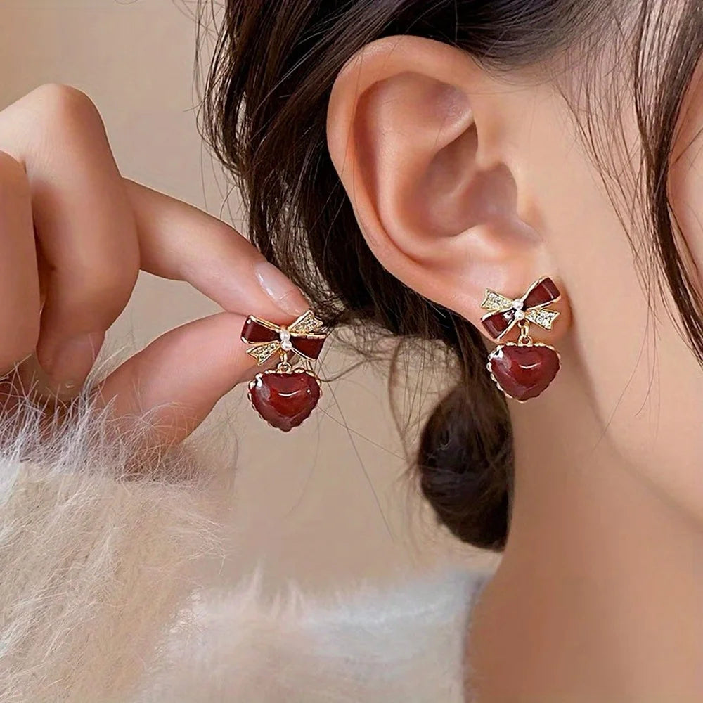 Adorable Kawaii Red Bow & Heart Dangle Earrings ❤️🎀 | Cute Party Jewelry Gift for Women & Girls ✨