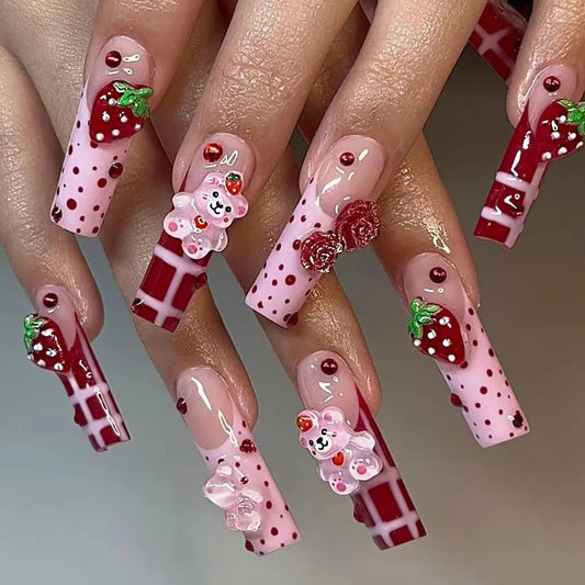 Kawaii Strawberry Bear Nail Art Set 🍓🐻 | 24 Adorable False Nails for Women & Girls ✨