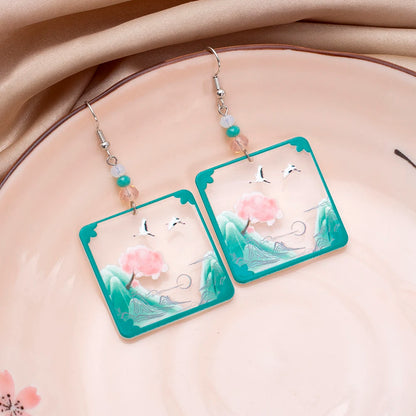 Transparent Square Acrylic Earrings With Crane Flower Design Geometric Drop 🌸
