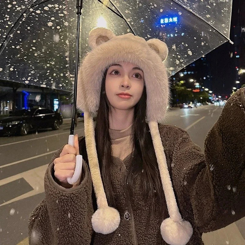 Cozy Bear Ear Beanie Knit Hat For Women Winter Warmth Plush Polyester 🧸