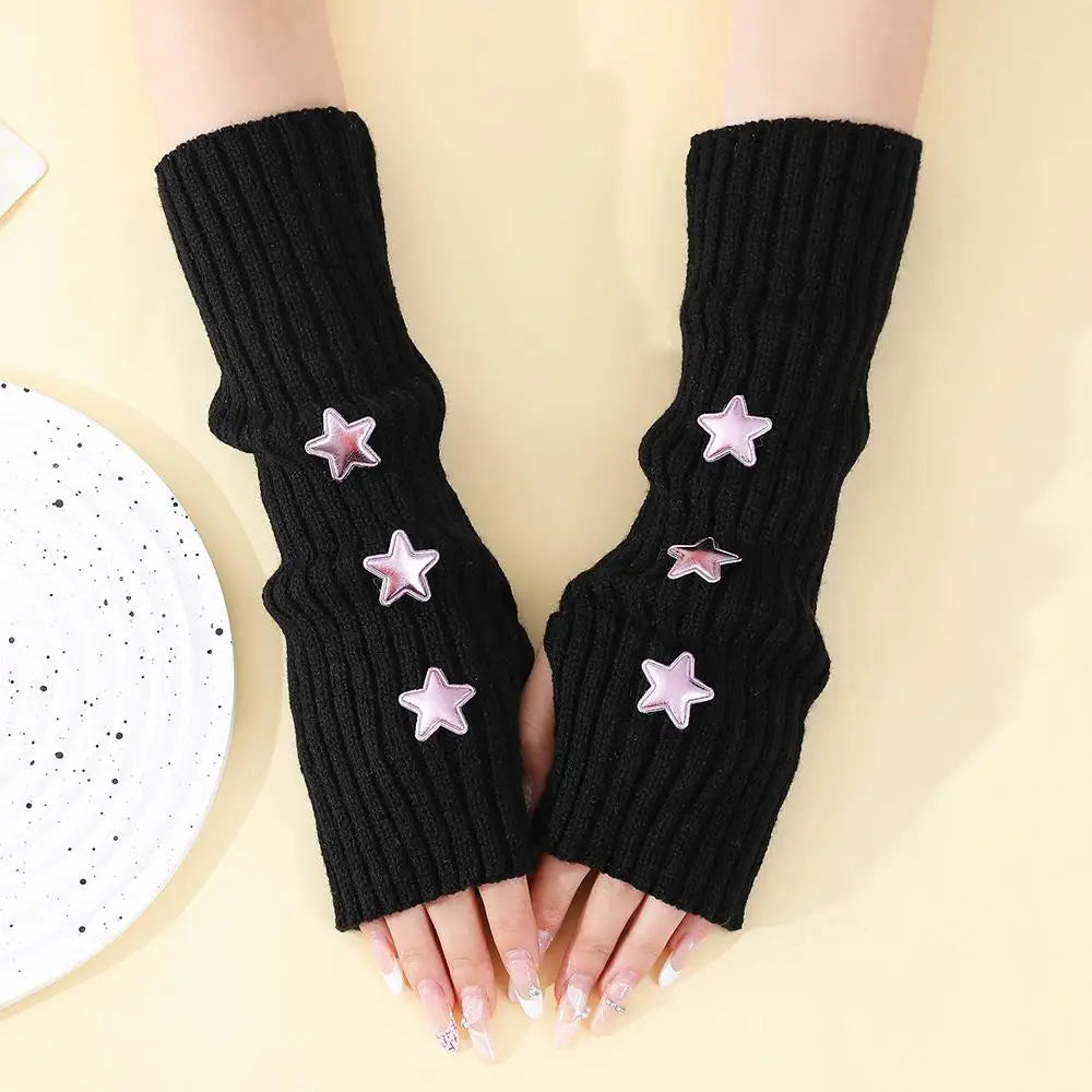 Y2K Fingerless Gloves Women Knitted Arm Warmers Cute Star Decor ⭐ Cozy Winter